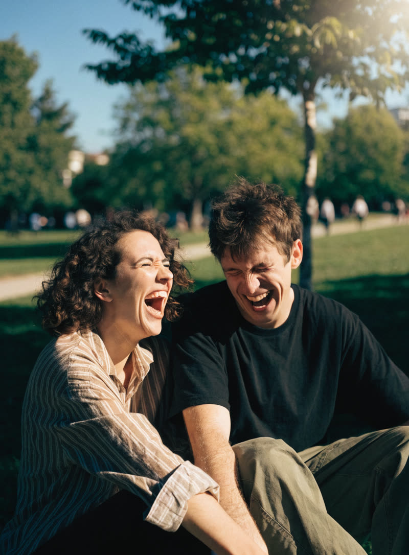 A young couple in their late twenties laughing together outside in a park on a sunny day.
