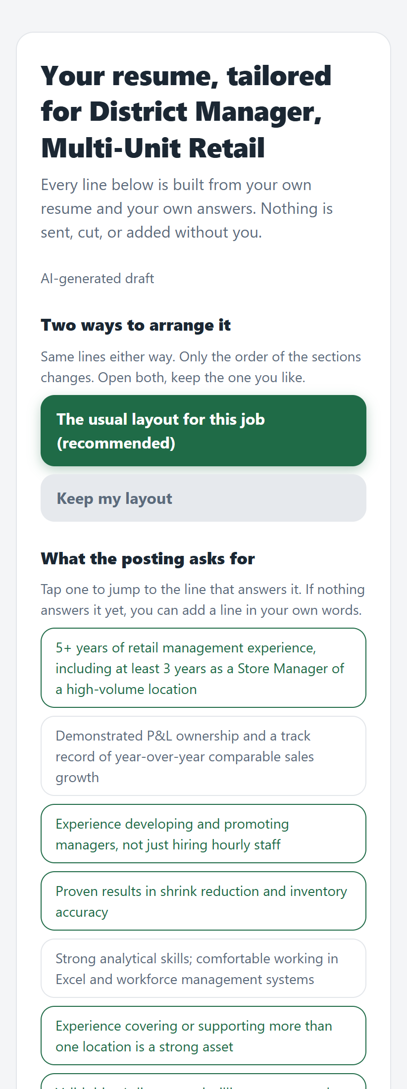 The app's tailored resume screen, listing what the posting asks for and outlining the asks your resume answers.