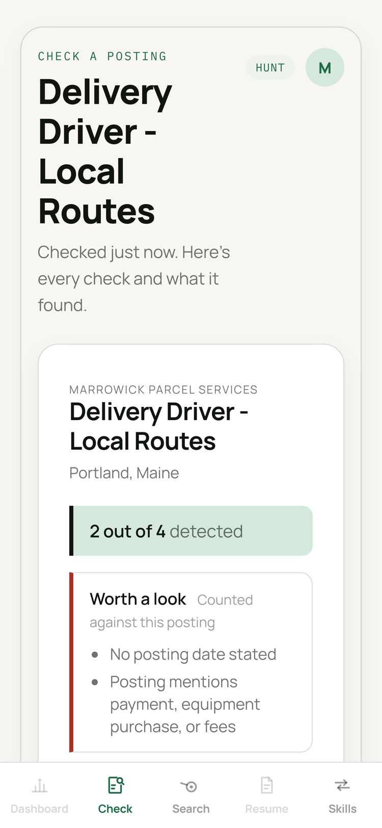 The app&rsquo;s check screen, showing the card for an invented delivery-driver posting with 2 out of 4 detected.