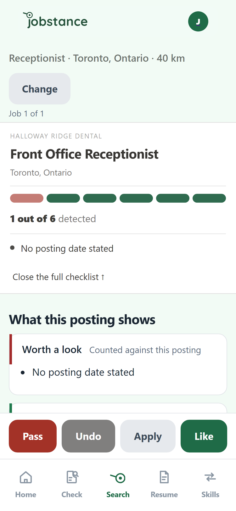 The app&rsquo;s search screen, showing the card for an invented receptionist posting with 1 out of 6 detected.