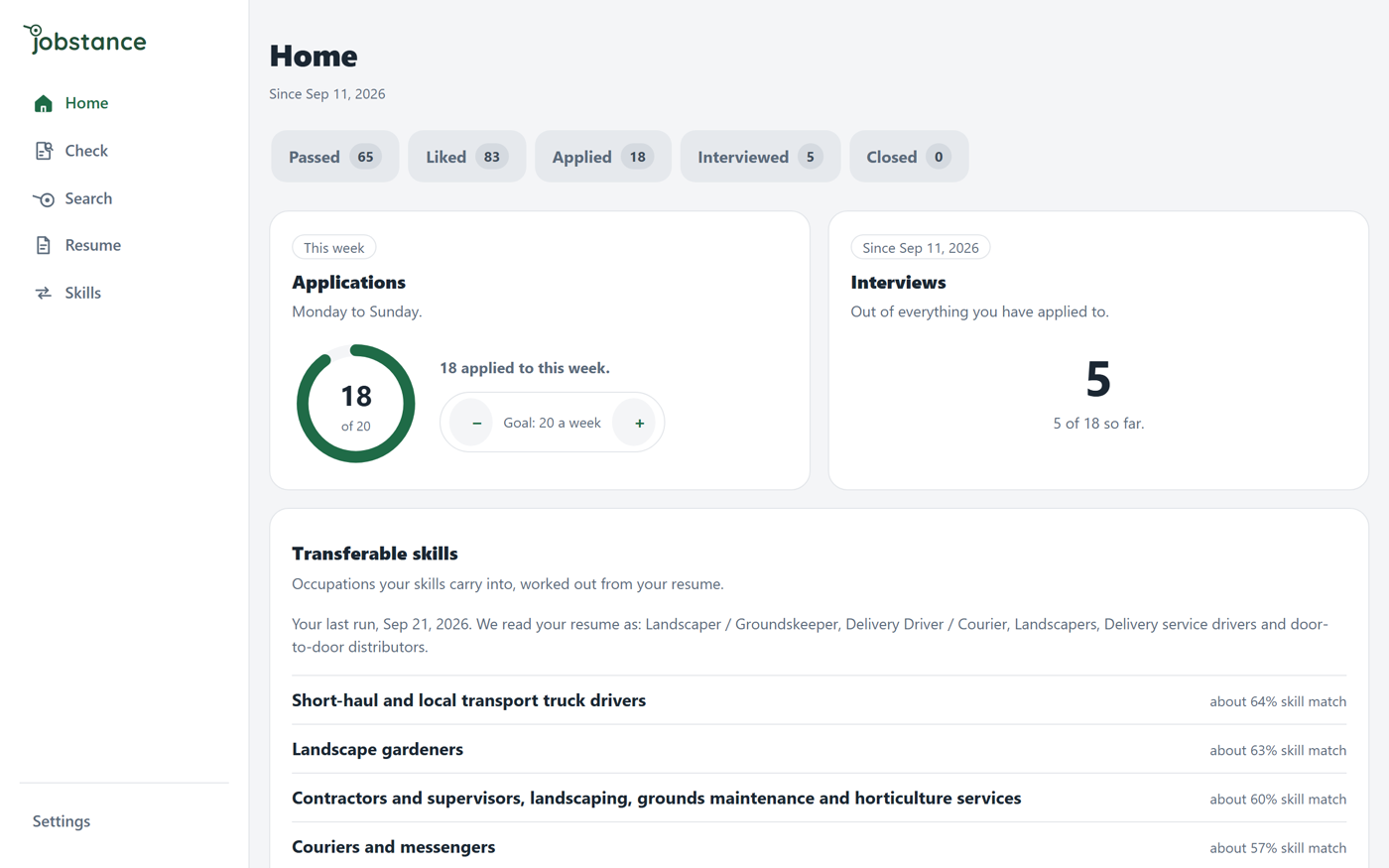 The app&rsquo;s home screen on a desktop: the five stage counts, the week&rsquo;s applications ring and the interview count.